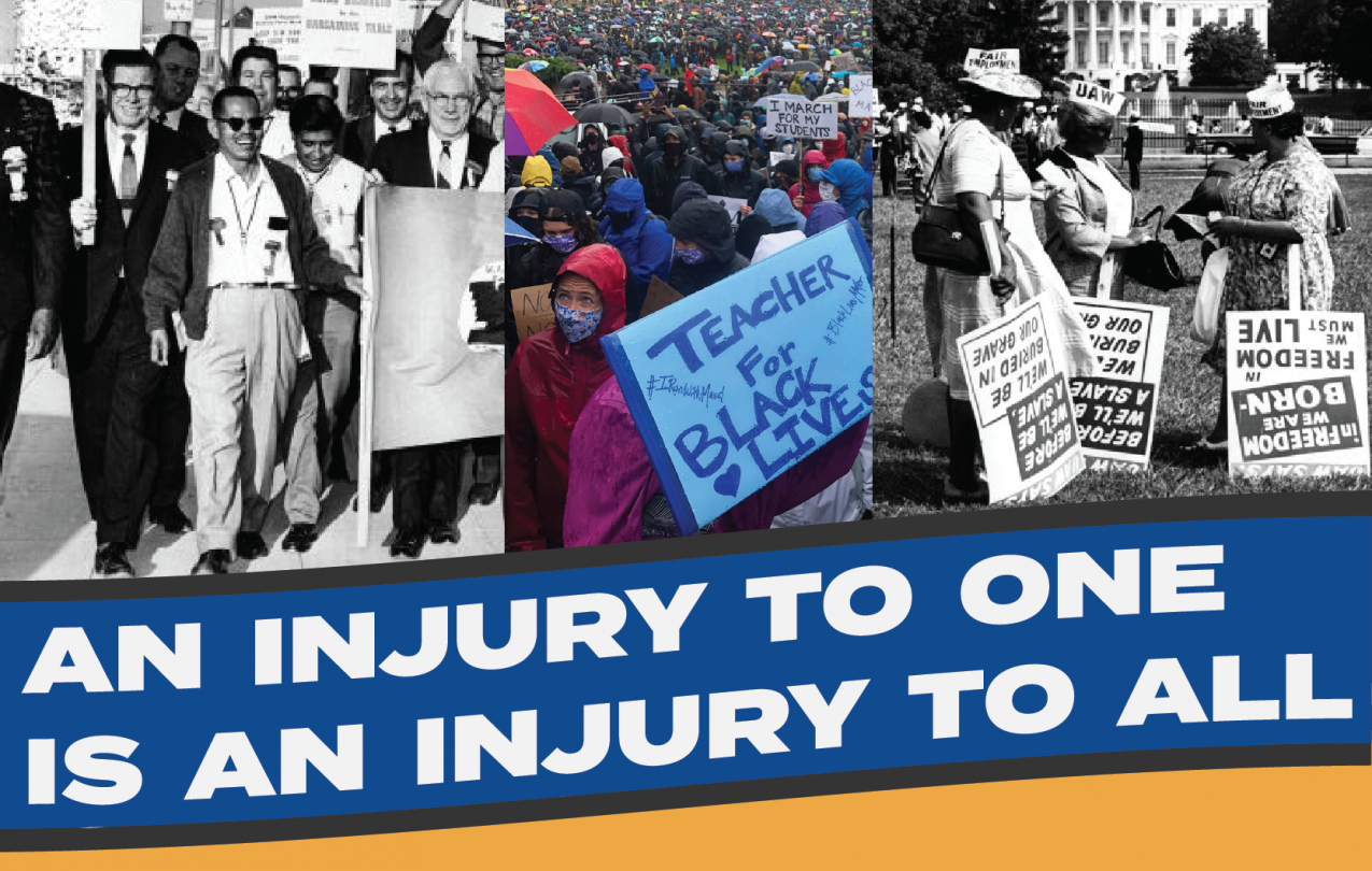 Graphic with info about the Region 6 Conference, “An Injury to One is an Injury to All,” May 6-7 in Seattle, WA. Photos across the top show historic and recent actions: 1960s UFW-UAW march, UAW members at a BLM protest, and UAW members at the March on WA