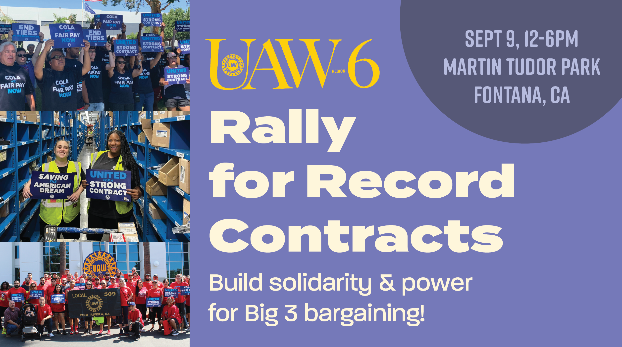 Banner for Big 3 labor rally, including photos of members from Locals 230, 492, and 509