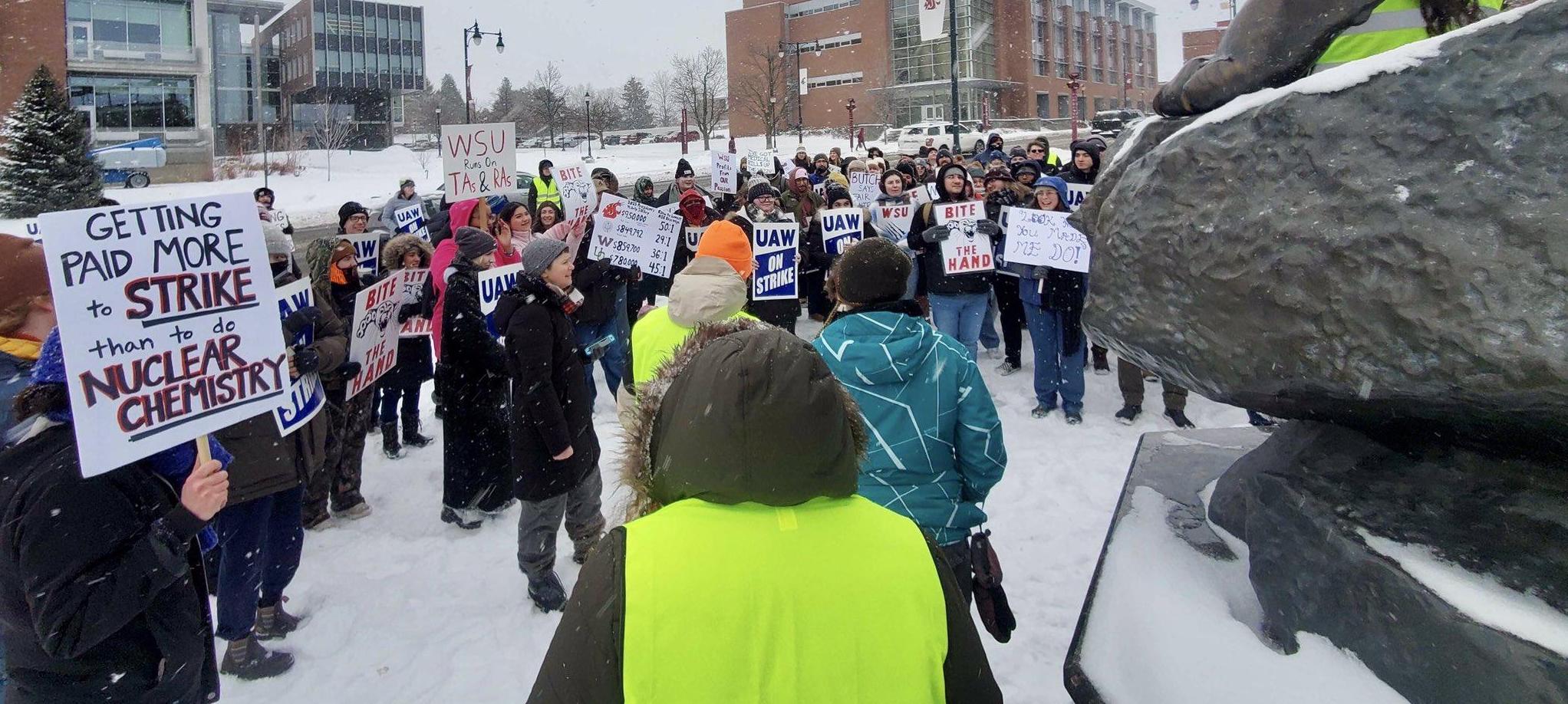 Hundreds of WSU-CASE members holding strike signs in the snow